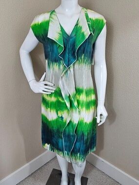 Etcetera Green Silk Dress with Subtle Yellow Accents Sz 0 Pit to Pit 17” W15”